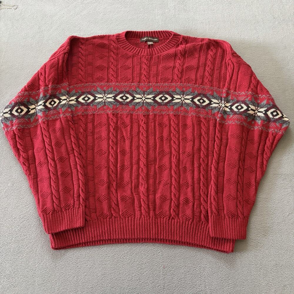 Vintage Liberty Mens Cableknit Geometric Nordic Grandpa Sweater XLarge Brown 90s
